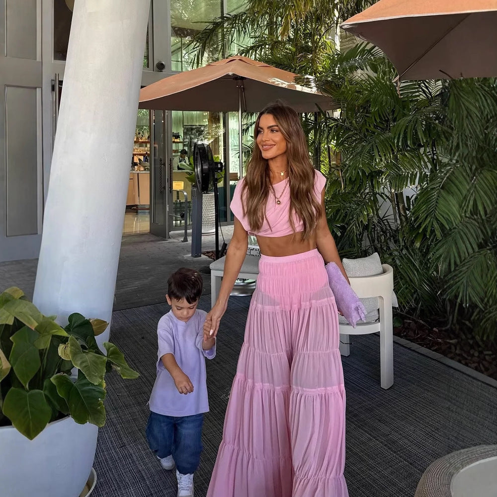 Ensemble Patchwork – Veste Plissée & Jupe Ronde Libre🌸