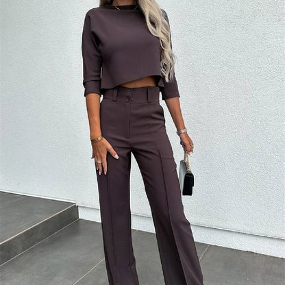 Ensemble Fluide – Top Stylé & Pantalon Taille Haute Évasé✨