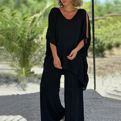 Ensemble Dentelle – Chemise Nouée & Pantalon Flow Décontracté ✨