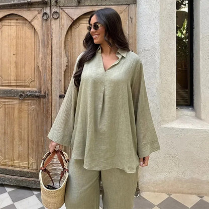 Ensemble Deux-Pièces – Chemise Col V & Vibes Été-Automne🍁