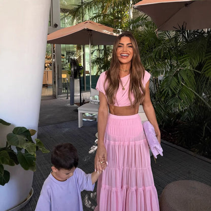 Ensemble Patchwork – Veste Plissée & Jupe Ronde Libre🌸