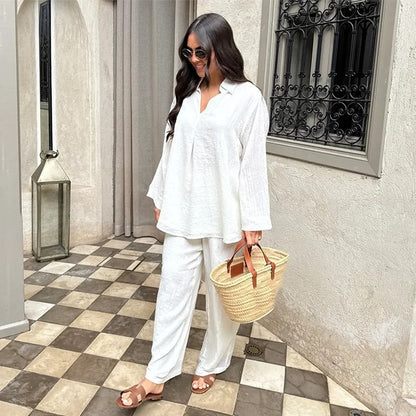 Ensemble Deux-Pièces – Chemise Col V & Vibes Été-Automne🍁